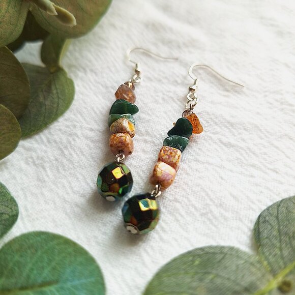 Whimsigoth Gemstone Earrings, Indian Agate, Czech Glass & Porcelain Beads, Earth - Picture 8 of 8